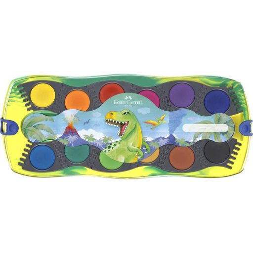 Vízfesték, 12 darabos, összeilleszthető, FABER-CASTELL "Dinoszaurusz"+1 tubus fehér tempera + dinoszaurusz matrica