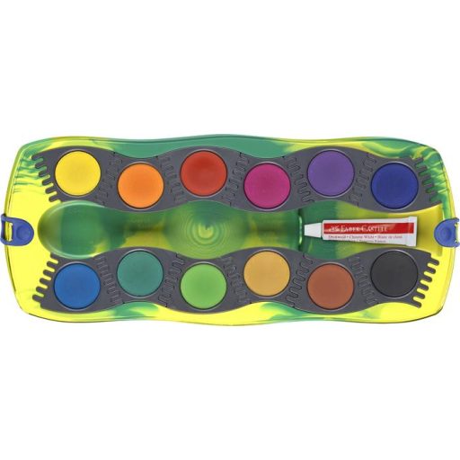 Vízfesték, 12 darabos, összeilleszthető, FABER-CASTELL "Dinoszaurusz"+1 tubus fehér tempera + dinoszaurusz matrica