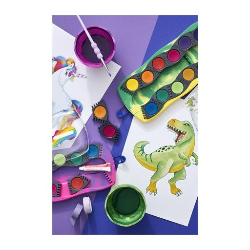 Vízfesték, 12 darabos, összeilleszthető, FABER-CASTELL "Dinoszaurusz"+1 tubus fehér tempera + dinoszaurusz matrica