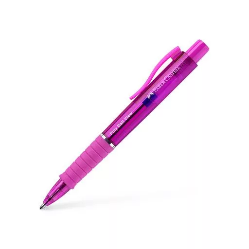 Golyóstoll, 0,34 mm, nyomógombos, fukszia testszín, FABER-CASTELL "Poly Ball View Aurora", kék