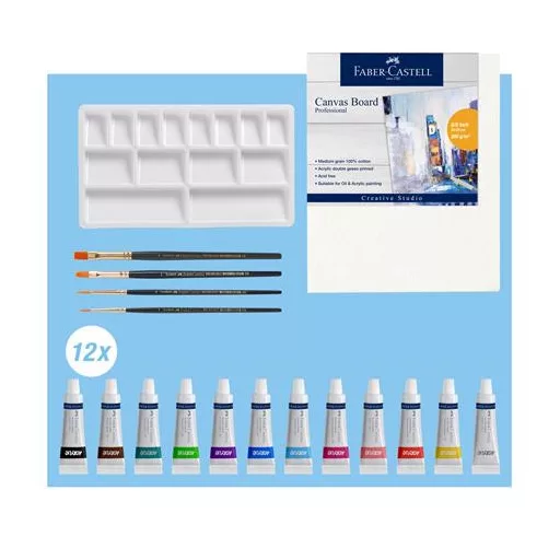 Akrilfesték készlet festővászonnal, tubusos, FABER-CASTELL "Creative Studio", 12 különböző szín