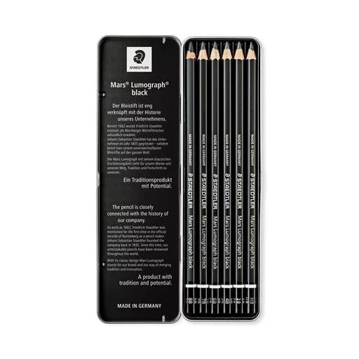 Grafitceruza készlet, fém doboz, hatszögletű, STAEDTLER "Mars Lumograph 100B", 6 különböző keménység, fekete
