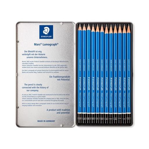 Grafitceruza készlet, fém doboz, hatszögletű, STAEDTLER "Mars Lumograph 100", 12 különböző keménység