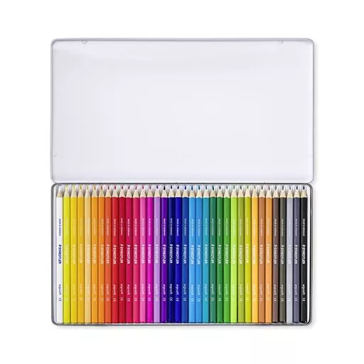 Színes ceruza készlet, háromszögletű, fémdobozos, STAEDTLER "Ergo Soft 157", 36 különböző szín