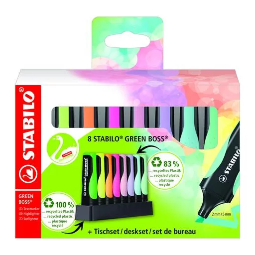Szövegkiemelő készlet, 2-5 mm, STABILO "Green Boss Pastel", 8 db-os asztali készlet