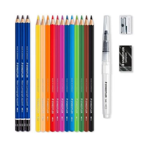 Akvarell ceruza készlet, ecsettel, radírral, hegyezővel, grafitceruzával, STAEDTLER® "146 10C", 12 különböző szín