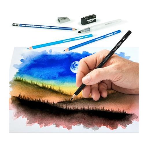 Akvarell ceruza készlet, ecsettel, radírral, hegyezővel, grafitceruzával, STAEDTLER® "146 10C", 12 különböző szín