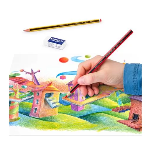 Színes ceruza készlet, hatszögletű, ajándék grafitceruzával és radírral, STAEDTLER "Noris 185", 12 különböző szín