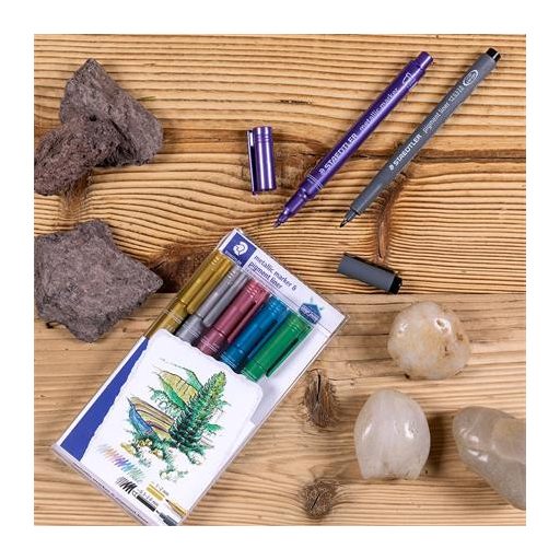 Dekormarker, 1-2 mm, kúpos, STAEDTLER "8323", 6 különböző metál szín, ajándék fekete tusfilccel