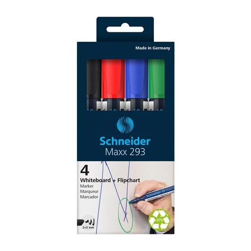 Tábla- és flipchart marker készlet, 2-5 mm, vágott, SCHNEIDER "Maxx 293", 4 különböző szín