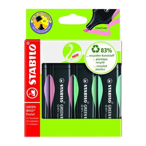 Szövegkiemelő készlet, 2-5 mm, STABILO "Green Boss Pastel", 4 különböző szín