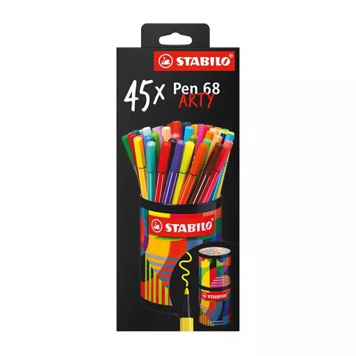 Filctoll készlet, hengeres fém doboz, 1 mm, STABILO "Pen 68 ARTY", 45 különböző szín