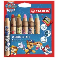   Színesceruza készlet, kerek, vastag, hegyezővel, STABILO "Woody 3 in 1", Mancs őrjárat, 6 különböző szín