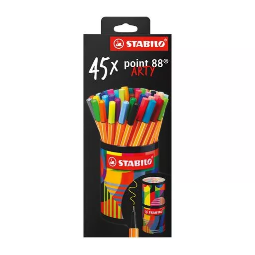 Tűfilc készlet, hengeres fém doboz, 0,4 mm, STABILO "point 88 ARTY", 45 különböző szín