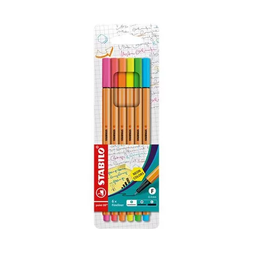Tűfilc készlet, 0,4 mm, STABILO "Point 88", 6 neon szín