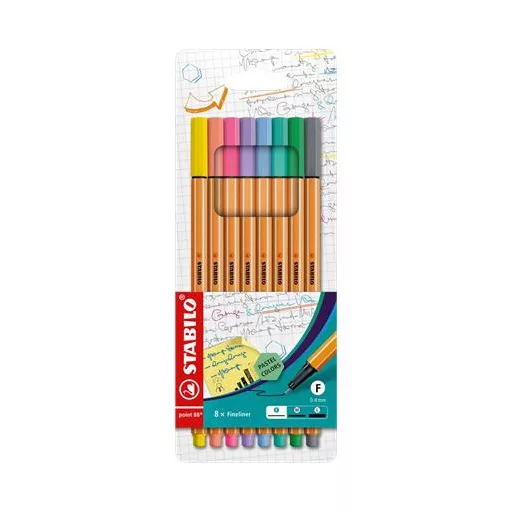 Tűfilc készlet, 0,4 mm, STABILO "Point 88", 8 pasztell szín