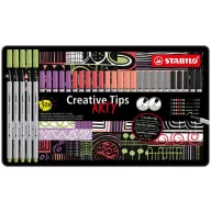   Tűfilc készlet, fém doboz, STABILO "Creative Tips ARTY", 6 különböző pasztell szín, 5 különböző vastagság