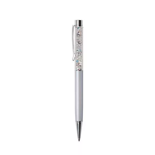 Golyóstoll, krémfehér, felül színjátszós fehér SWAROVSKI® kristállyal töltve, 14 cm, ART CRYSTELLA®