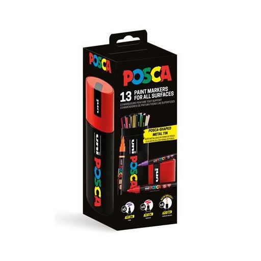 Dekormarker készlet, Posca fém dobozos, UNI "Posca", 13 különböző szín