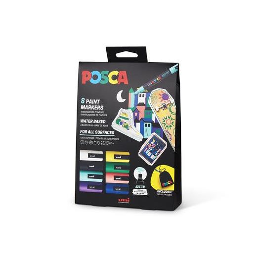 Dekormarker készlet, 1,8-2,5 mm, UNI "Posca PC-5M", 8 különböző szín, tartóval