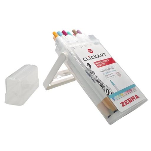 Filctoll készlet, nyomógombos, 0,6 mm, ZEBRA "Clickart" 12 különböző pasztell szín