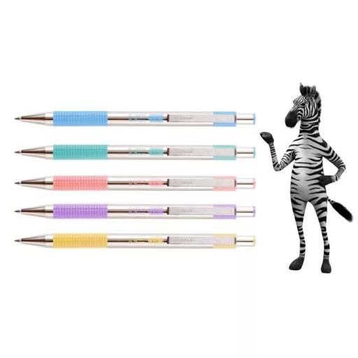 Golyóstoll, 0,24 mm, nyomógombos, rozsdamentes acél, pasztellsárga tolltest, ZEBRA "F-301", kék