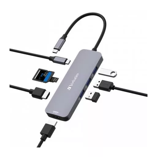 USB elosztó-HUB, USB-C PD/2xHDMI/3xUSB-A/SD/mSD, VERBATIM