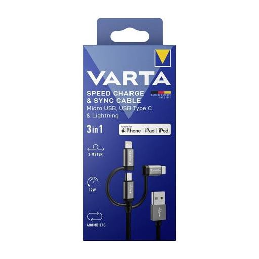 USB kábel, 3-az-1-ben USB A–Light/Micro/C, 2m, VARTA