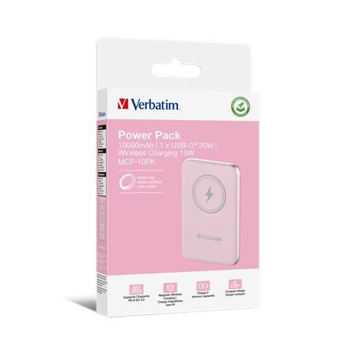 Hordozható akkumulátor, vezeték nélküli töltés, 10000 mAh, VERBATIM "MCP-10, rózsaszín