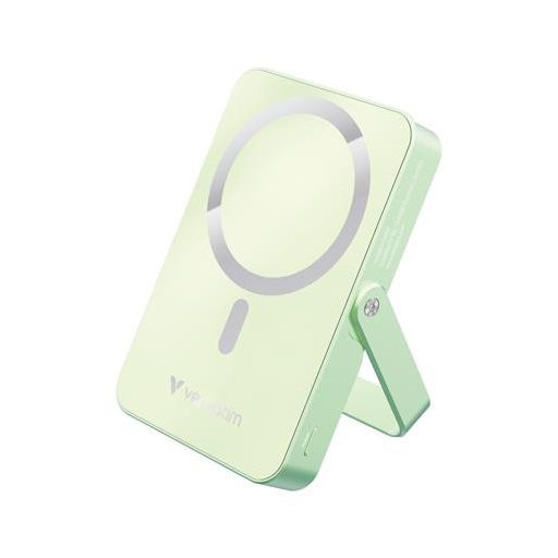 Power bank, külső akkumulátor, mágneses (vezeték nélküli), 10.000mAh, kitámasztó, VERBATIM "Charge n Go", zöld