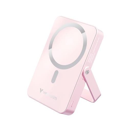 Power bank, külső akkumulátor, mágneses (vezeték nélküli), 10.000mAh, kitámasztó, VERBATIM "Charge n Go", rózsaszín