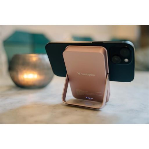 Power bank, külső akkumulátor, mágneses (vezeték nélküli), 10.000mAh, kitámasztó, VERBATIM "Charge n Go", rózsaszín