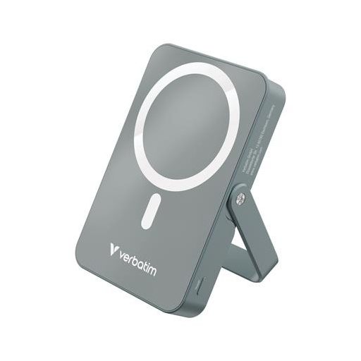Power bank, külső akkumulátor, mágneses (vezeték nélküli), 10.000mAh, kitámasztó, VERBATIM "Charge n Go", szürke