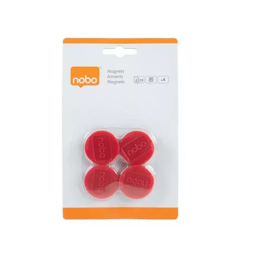 Korong mágnes, fehértáblához, 30 mm, 4 db, NOBO, piros