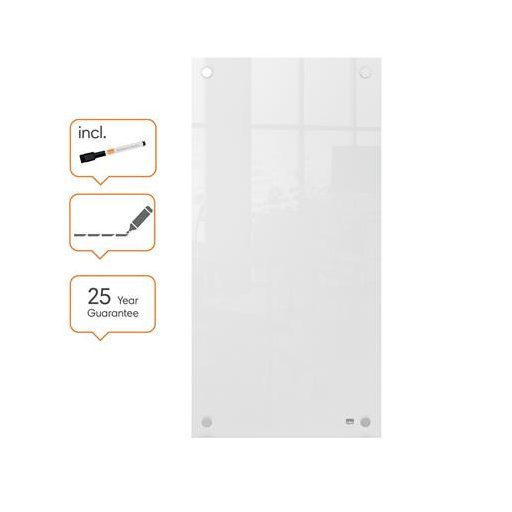 Üzenőtábla, üveg, fali, keskeny, 30x60 cm, NOBO "Home", fehér