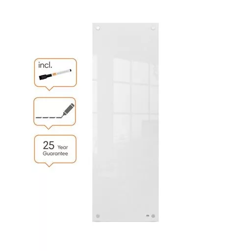 Üzenőtábla, üveg, fali, keskeny, 30x90 cm, NOBO "Home", fehér