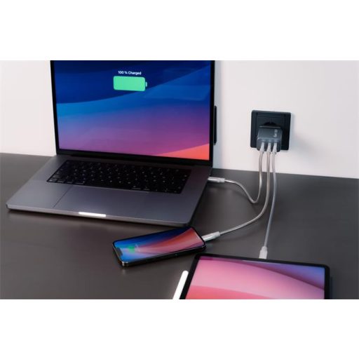 Hálózati töltő, 2xUSB-C PD (65W), USB-A QC 3.0, EU/UK/US, GaN, VERBATIM