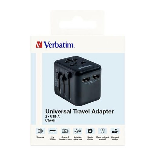 Utazóadapter, univerzális, 2xUSB, VERBATIM "UTA-01"