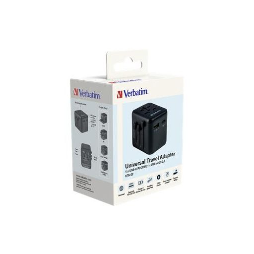 Utazóadapter, univerzális, USB-A(QC 3.0)/USB-C(PD20W)2xUSB, VERBATIM "UTA-02"