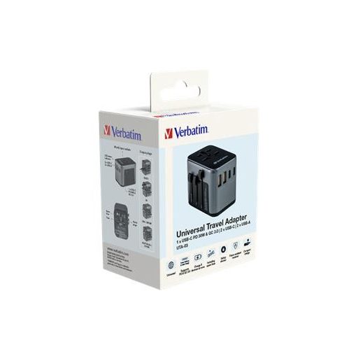 Utazóadapter, univerzális, USB-A(QC 3.0)/USB-C(PD30W)2xUSB, VERBATIM "UTA-03"