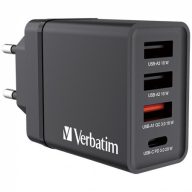   Hálózati töltő, 1xUSB-C PD (20W), USB-A QC 3.0, 2xUSB-A (10W), VERBATIM, fekete