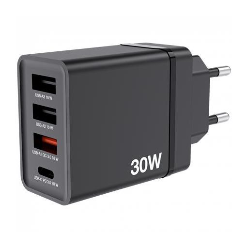 Hálózati töltő, 1xUSB-C PD (20W), USB-A QC 3.0, 2xUSB-A (10W), VERBATIM, fekete