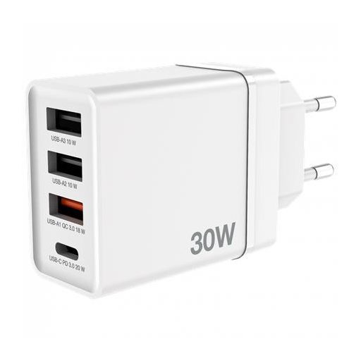 Hálózati töltő, 1xUSB-C PD (20W), USB-A QC 3.0, 2xUSB-A (10W), VERBATIM, fehér