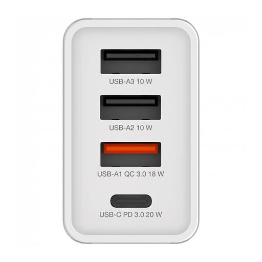 Hálózati töltő, 1xUSB-C PD (20W), USB-A QC 3.0, 2xUSB-A (10W), VERBATIM, fehér